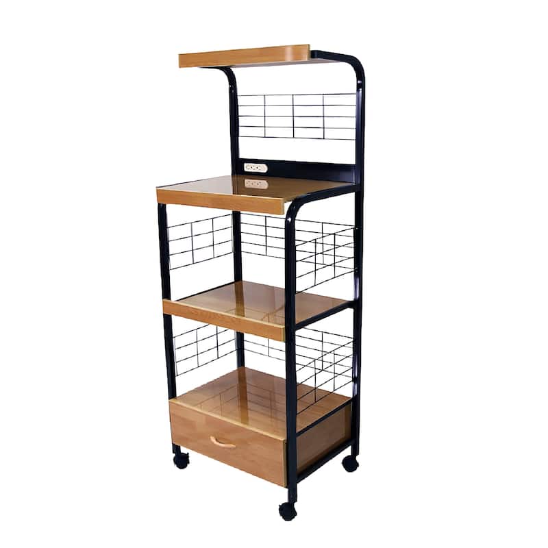 Wood and Metal Frame Microwave Cart with Power Outlet, Black and Brown