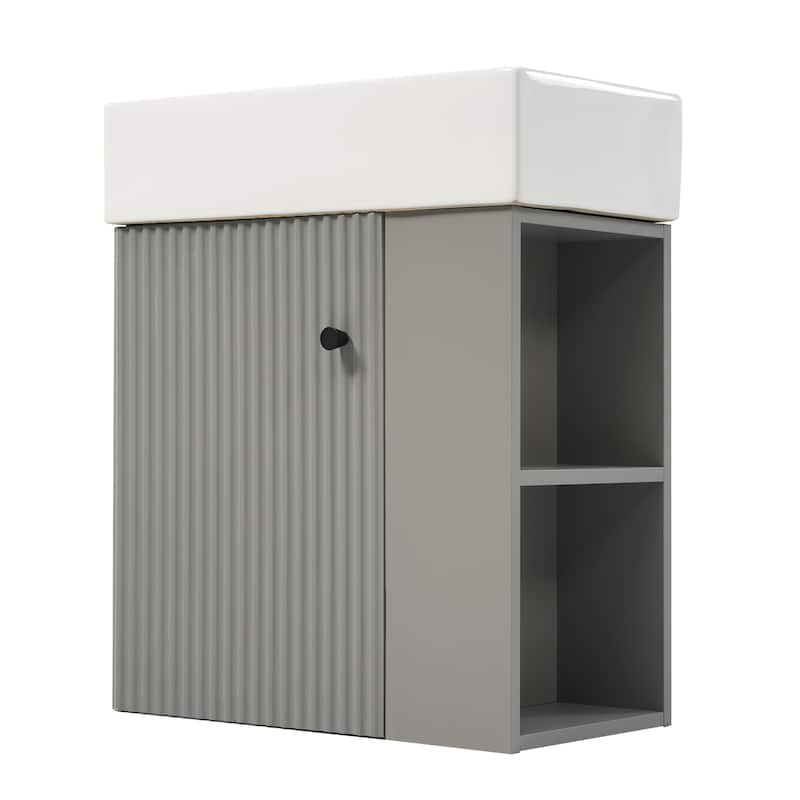 21.6 inch Modern Floating Bathroom Vanity with Ceramic Basin - Perfect for Small Bathrooms, Right side storage
