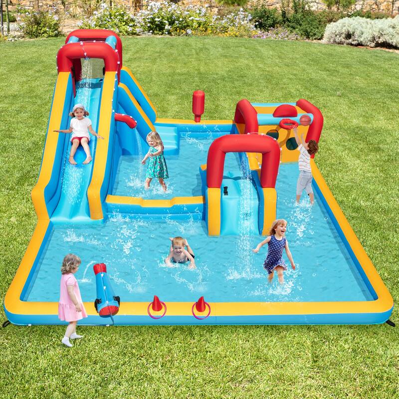 Giant Kids Inflatable Water Park 9-in-1 with Slide Climbing Wall and Ball Games and Water Cannon - 177” x 176” x 81” (L x W x H)