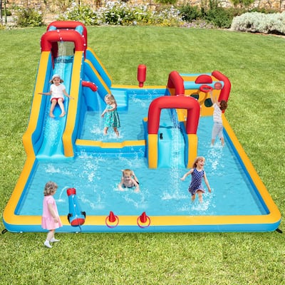 Giant Kids Inflatable Water Park 9-in-1 with Slide Climbing Wall and Ball Games and Water Cannon - 177” x 176” x 81” (L x W x H)
