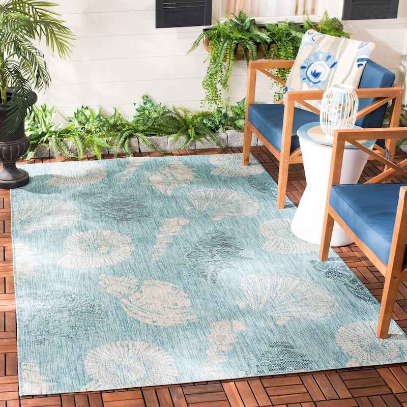 SAFAVIEH Courtyard Clemenza Indoor/ Outdoor Waterproof Patio Backyard Rug - 5'3" x 7'7" - Aqua/Cream