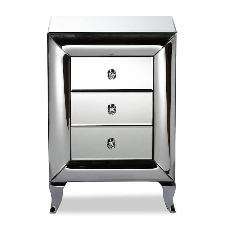 Mirrored Nightstand 3 Drawer Bedside Table Cabriole Legs Crystal Knobs 26" High