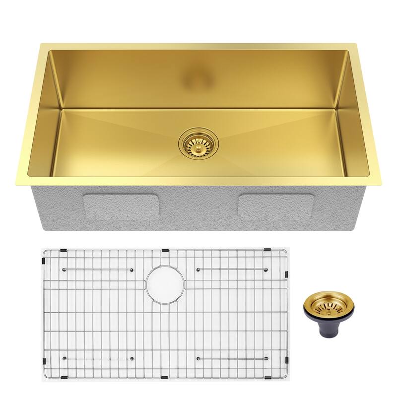 HomeRoots 9" X 30" Gold Stainless Steel Undermount Kitchen Sink - 30.00 in. x 9.00 in. x 18.00 in.