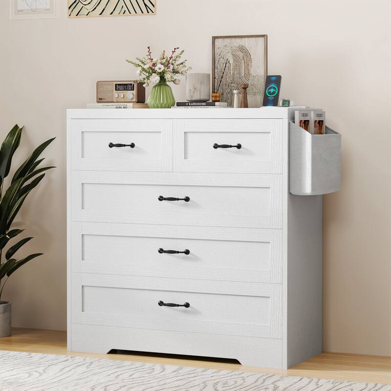 Vintage Double Dresser Chest of Drawers with Charging Station and Side Organizer Bag
