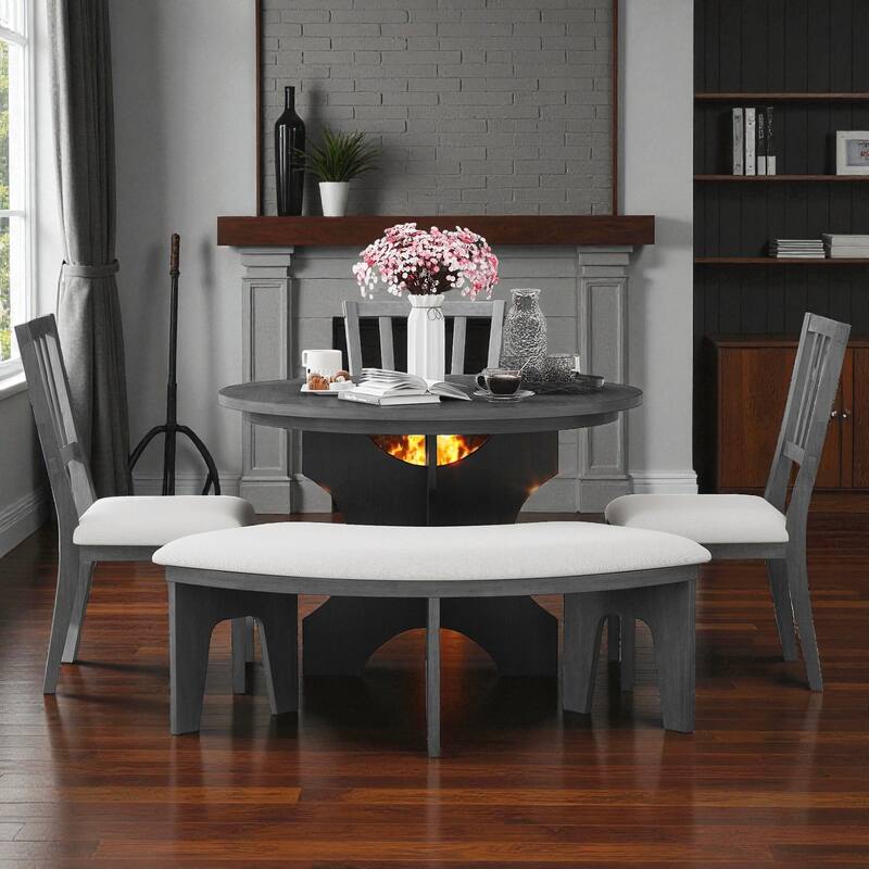 5-Piece Rustic Round Dining Table Set with 3 Upholstered Chairs and Curved Bench, Wood Farmhouse Kitchen Furniture