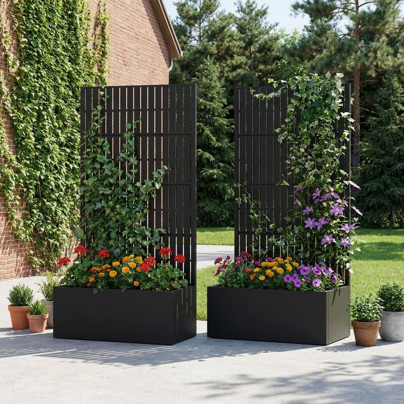 Outdoor Metal Planter Box Raised Garden Beds with Trellis (Set of 2) - Black - 59"x30"