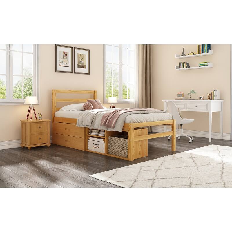 Wood Bed with Removable Shelves & 2 Storage Drawers