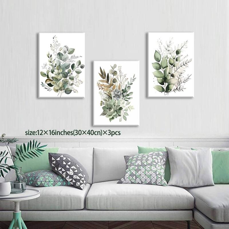 Set of 3 Framed Sage Green Painting Eucalyptus Leaf Picture Modern