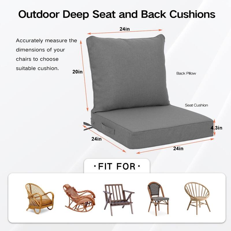 24x24 in Outdoor Deep Seat Cushion Set, Waterproof Fade Resistant, 4in Thickened Foam, Removable Cover, Adjustable Straps