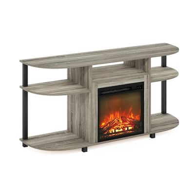 Furinno Jensen Open Storage Curved Entertainment Center Stand with Fireplace for TV up to 55 Inch