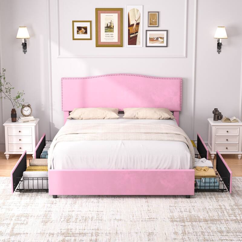 VECELO Upholstered Bed Frame with 4 Storage Drawers Full Queen Heavy Duty Platform with Adjustable Linen Headboard