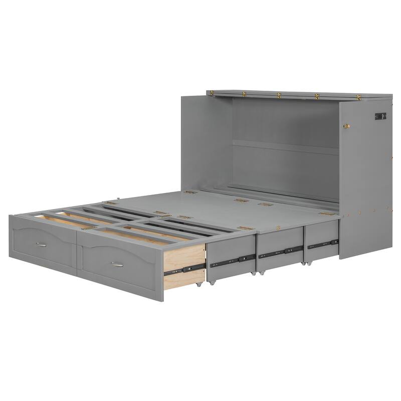 Roomfitters Queen Size Murphy Bed with Drawers and USB Ports, Space-Saving Wall Bed with Pulley Design