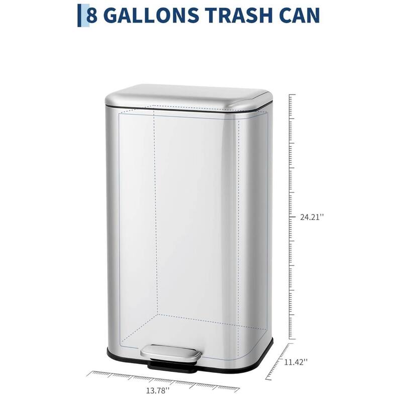 8 Gal Fingerprint-Proof Step Rubbish Bin, Trash Can for Bathroom, Kitchen