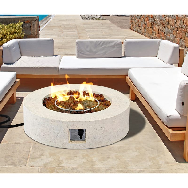 COSIEST Ecru Round Outdoor Propane Fire Pit Tank Outside