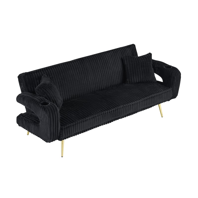 Loveseat Sofa, Adjustable Backrest Corduroy Love Seat Bed w2 Cup holder & 2 Pillows Living Room 2-seat Hollow Armchair