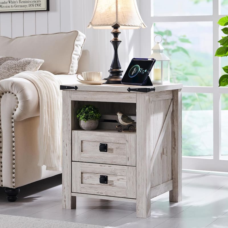 Farmhouse Nightstand with Charging Station, End Table, Side Table - Antique Brushed White