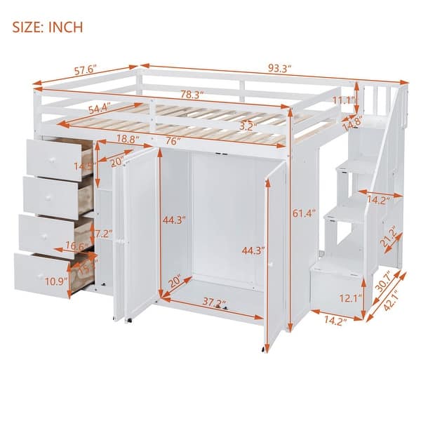 dimension image slide 0 of 2, Full Size Wood Loft Bed With Built-in Wardrobes,Cabinets and Drawers