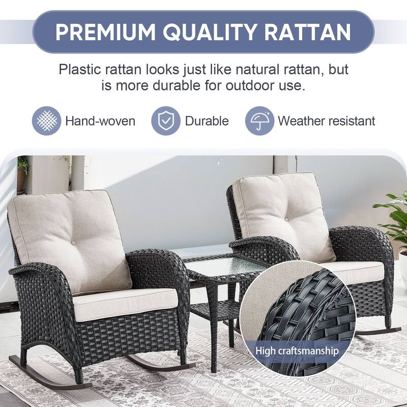 PlainCurve 3-Piece Wicker Outdoor Patio Conversation Set with Rocking Chairs and Olefin Cushions