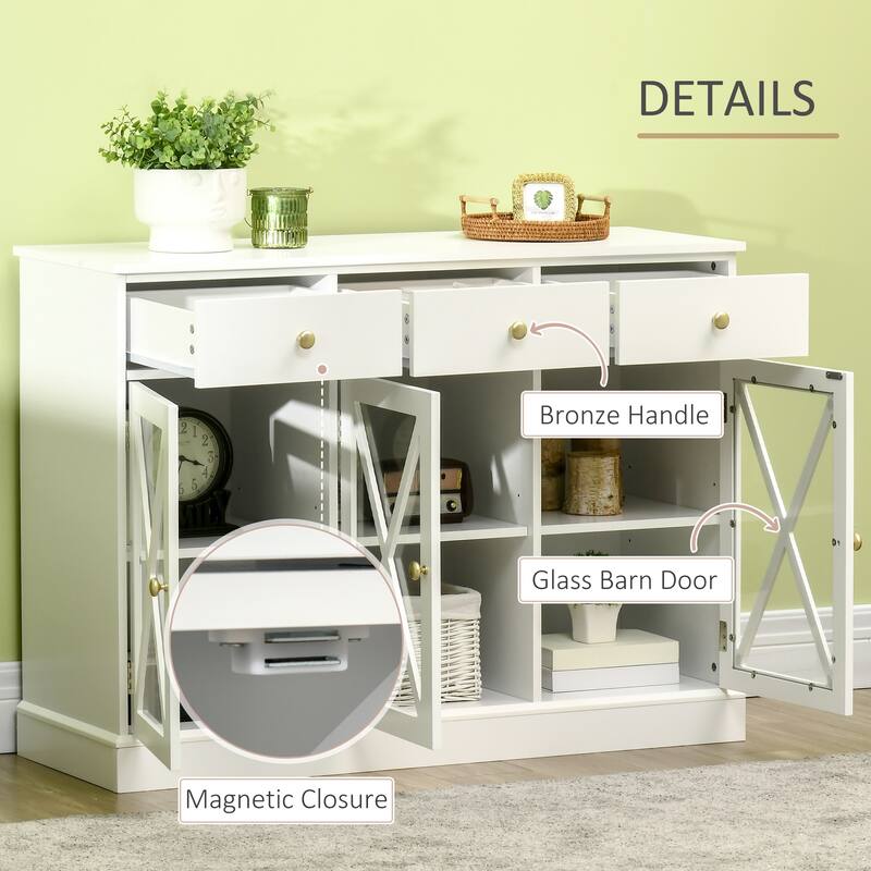 45" Farmhouse Sideboard Buffet Cabinet, Credenza,Coffee Bar Cabinet with Glass Doors and 3 Drawers, White