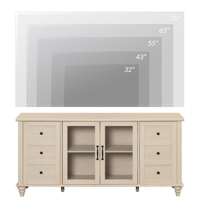 Farmhouse TV Stand for 65 Inch TV, Wood Console Table with Glass Door