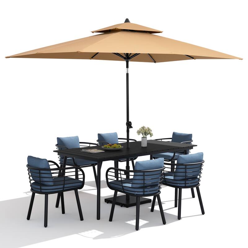 9PC Outdoor Patio Dining Set Aluminum Table with Sunbrella Cushion Chairs w/ Premium Market Umbrella Sets