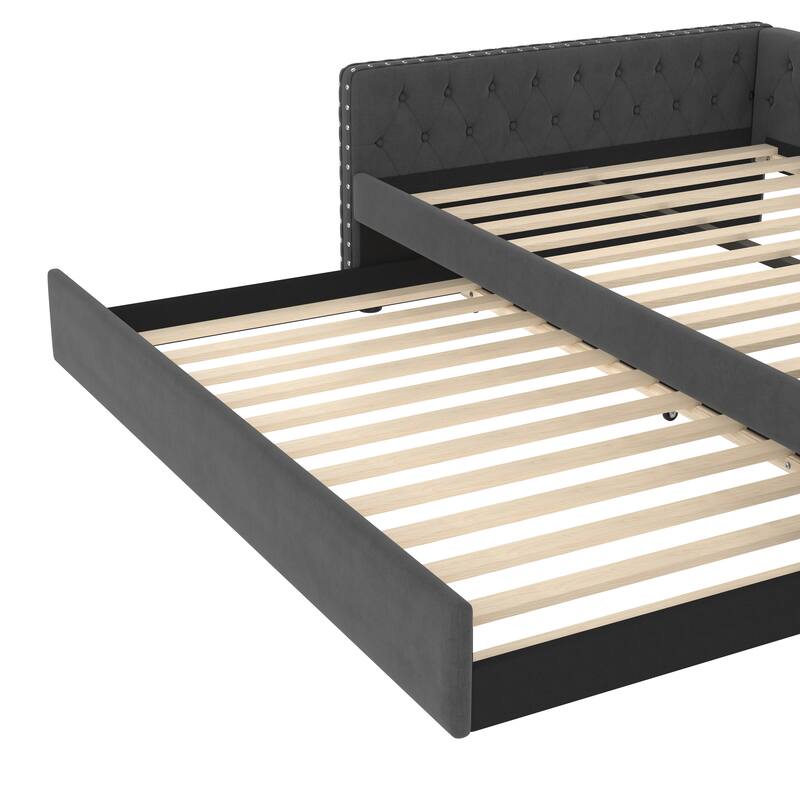 Full Size Upholstered Daybed with Trundle, Tufted Sofa Bed with Rivet-Trimmed Arms and Button Detail