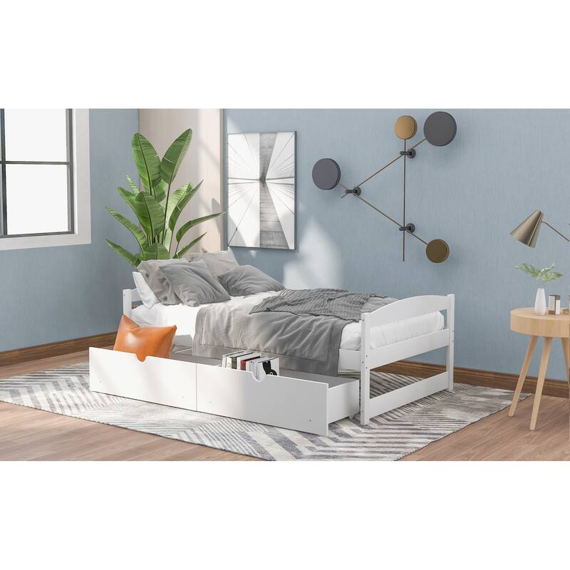 White Twin Size Platform Bed with Two Storage Drawers