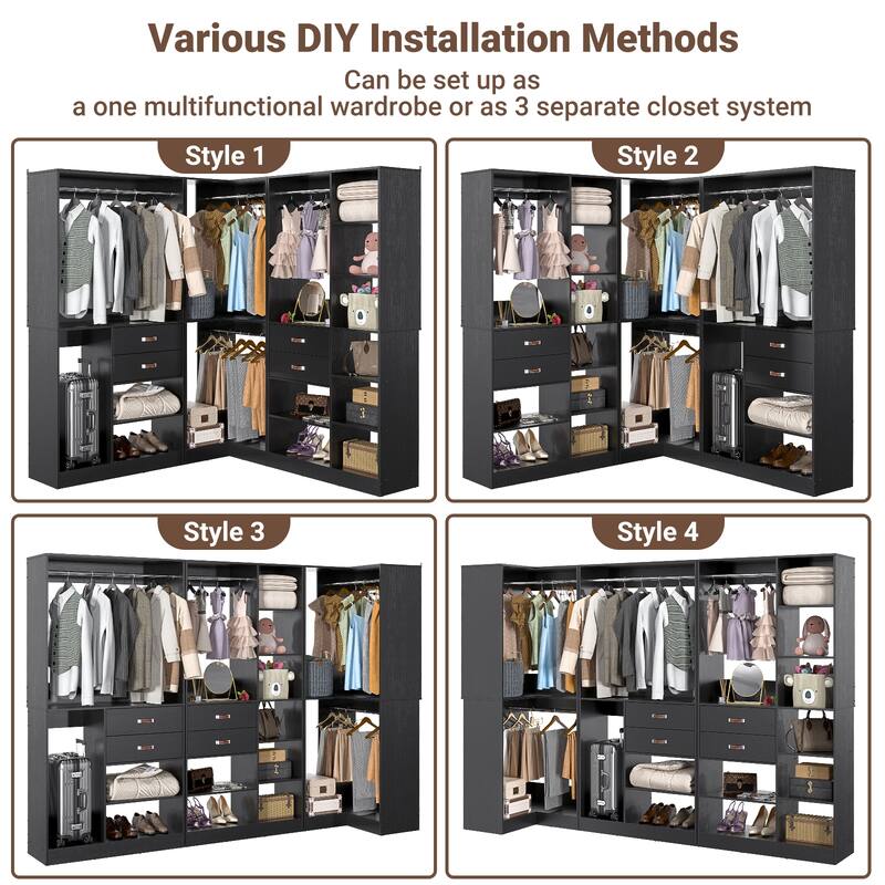 Rackcog 71'' - 110'' Set of 3 Freestanding Corner Closet Organizer, Reversible Wardrobe with Hanging Rods