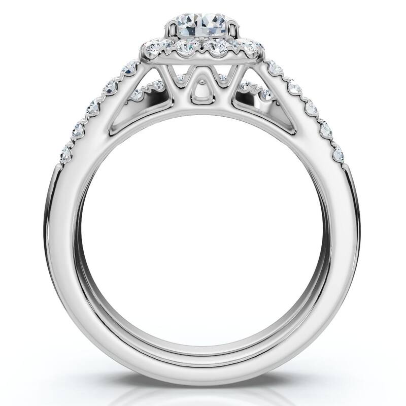 1 1/10Ct Cushion Halo Diamond Engagement Ring & Matching Band Gold/Pt Lab Grown