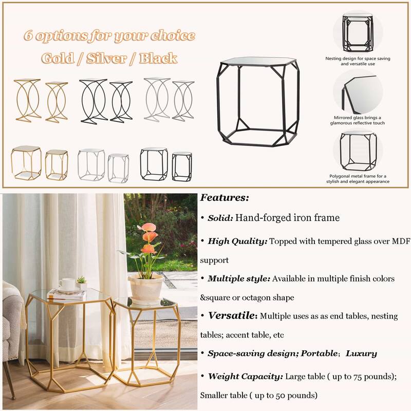Glitzhome Set of 2 Glam Glass Modern Square/Octagon Gold/Silver Side Table Sofa Table