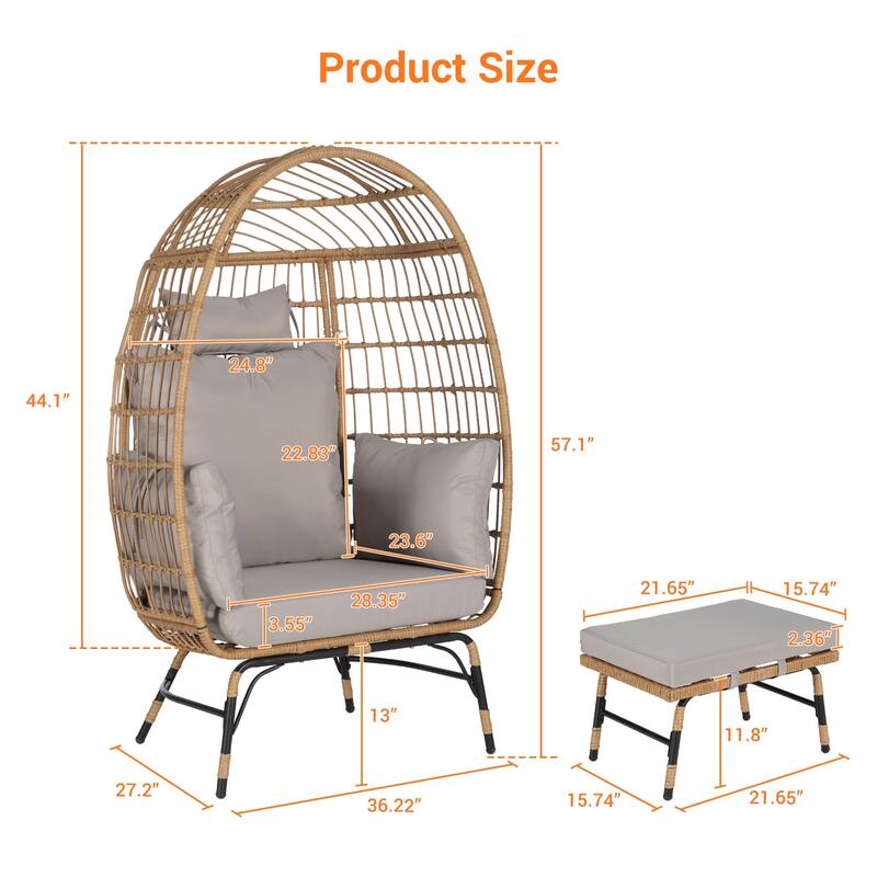 Luxury All-Weather Egg Chair with Ottoman, Oversized Rattan Hanging Chair for Patio, Balcony & Backyard