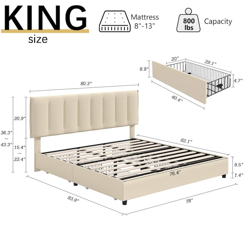 Javlergo Bed Frame with Storage Drawers, Upholstered Platform Bed Frame with Adjustable Headboard