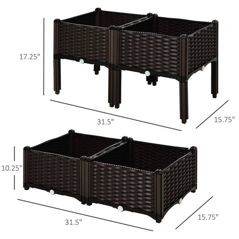 Self-Watering Planter Box Raised Bed Modular Flower Pots with Legs Rattan Pattern and Bottom Drainage Holes for Outdoor
