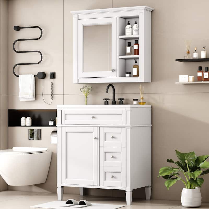 30''Bathroom Vanity With Top Sink,Storage Cabinet With 2 Drawers,Freestanding Vanity Set With Mirror Cabinet,Single Sink