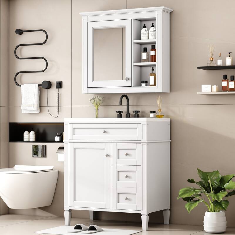 GDFStudio - Montvale Modern Freestanding Bathroom Vanity Set with Mirror Cabinet, Resin Sink & a Tip-out Drawer - 30'W