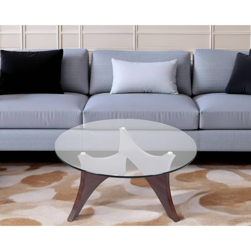 HomeRoots 35" Clear And Brown Glass And Wood Round Coffee Table - 35.43' X '18.11' X '35.43 - Clear