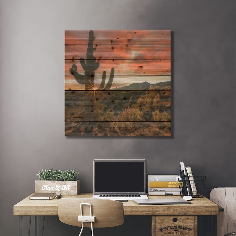 Saguaro Cactus At Sunset, Poachie Range, Arizona Print On Wood by Tim Fitzharris - Multi-Color