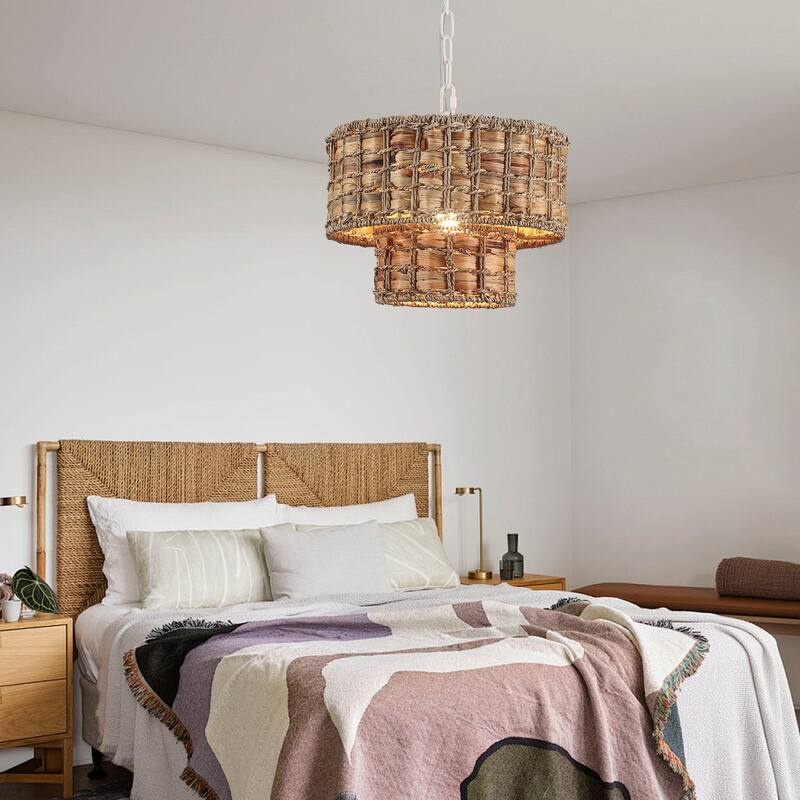 1-Light Farmhouse 2-Tier Metal Hanging Pendant Light Kitchen Island with Rattan Cover for Dining Room