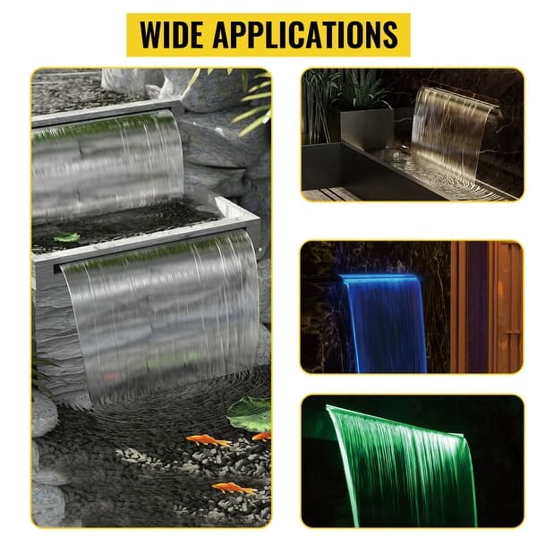 23.6"*4.7"*3.2" Stainless Steel Pool Waterfall, Illuminated Pool Fountain With LED Strip Light, Rectangular Spillway For Outdoor Gardens