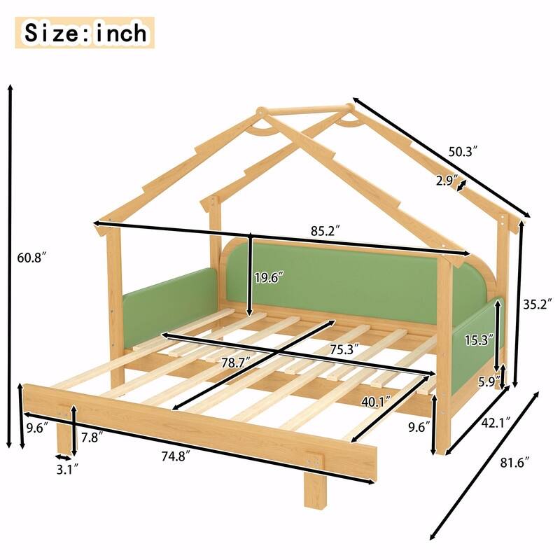 Twin Size Wooden Treehouse Bed with Soft Cushion Rails
