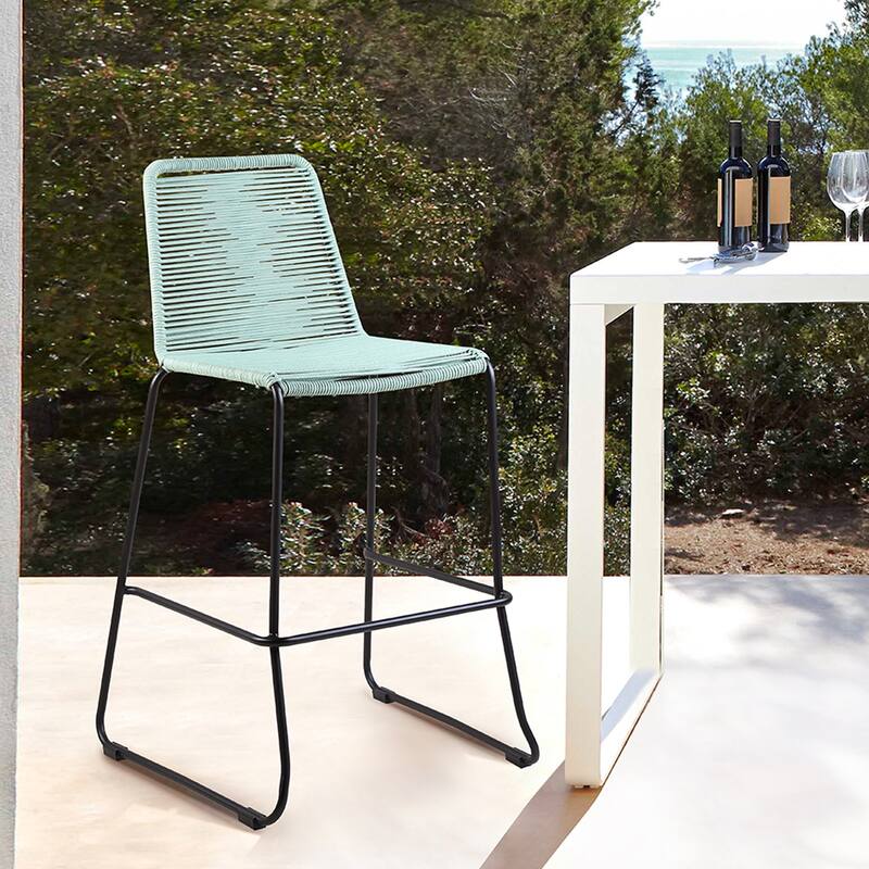 Shasta Black Steel and Rope Indoor Outdoor Bar Height Stackable Patio Bar Stools - Set of 2 - Bar Height
