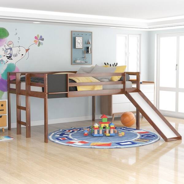 slide 2 of 14, Full Size Loft Bed With Slide,Stair and Chalkboard for Home Walnut