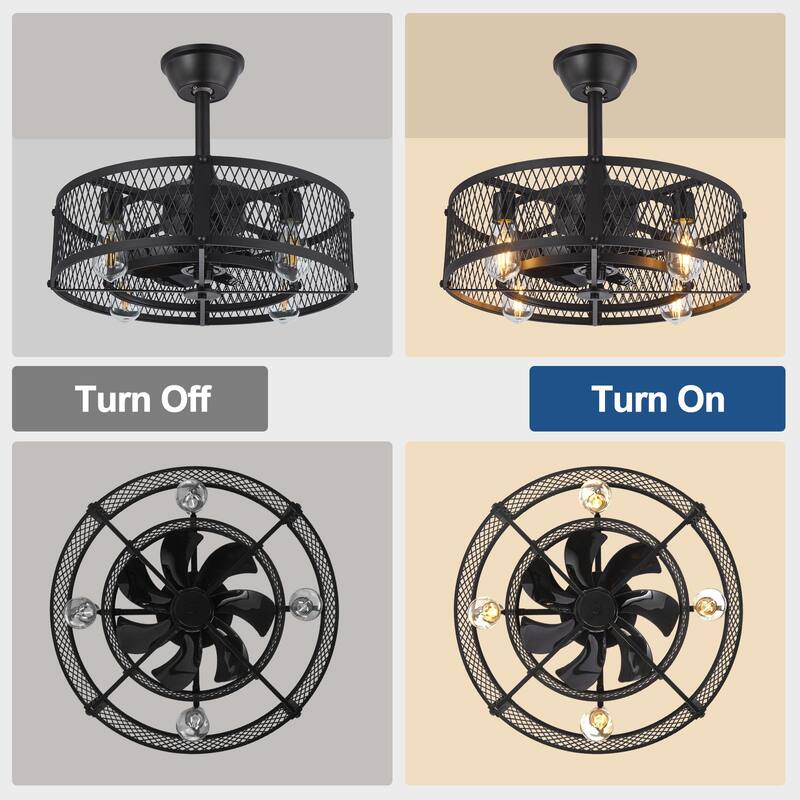 20-26" Caged outdoor Ceiling Fan with Light: Remote App Control-Farmhouse Fandelier Flush Mount Fixture Reversible 6 Speed Timer