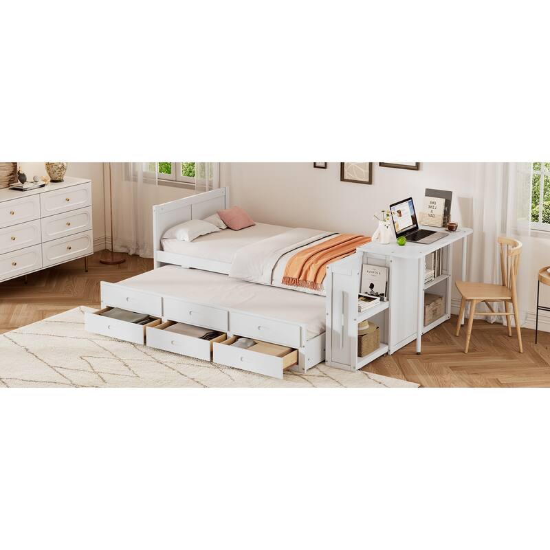 Twin Wood Platform Bed with Pull-Out Trundle, Built-in Desk, End Storage Shelf & 3 Drawers, for Kids or Teens