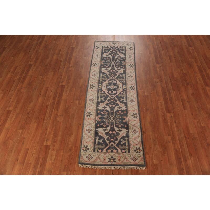 Gray Oushak Indian Runner Rug Handmade Floral Wool Carpet - 2'6"x 7'10"