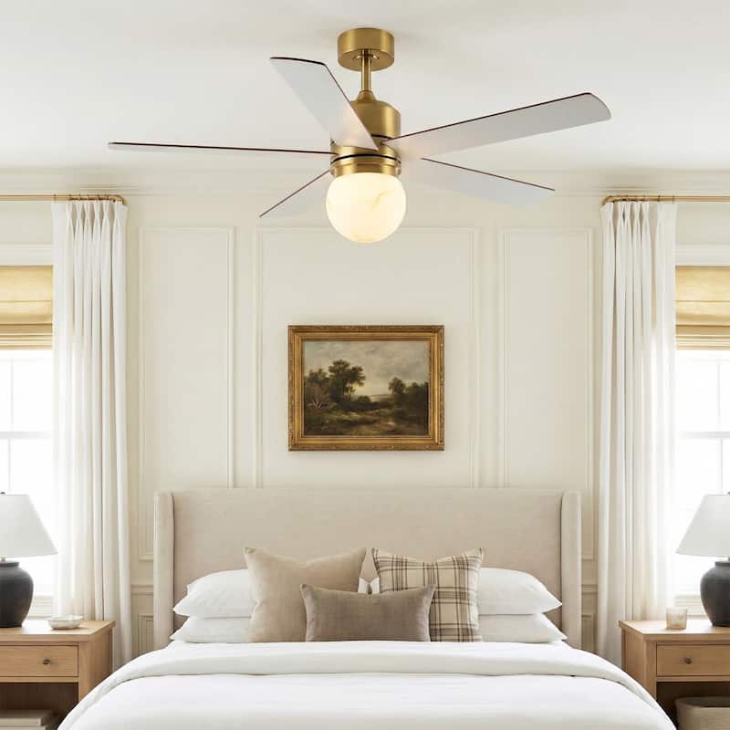 52" Modern Brushed Gold Bubble Glass Alabaster Reversible Ceiling Fan with Light and Remote