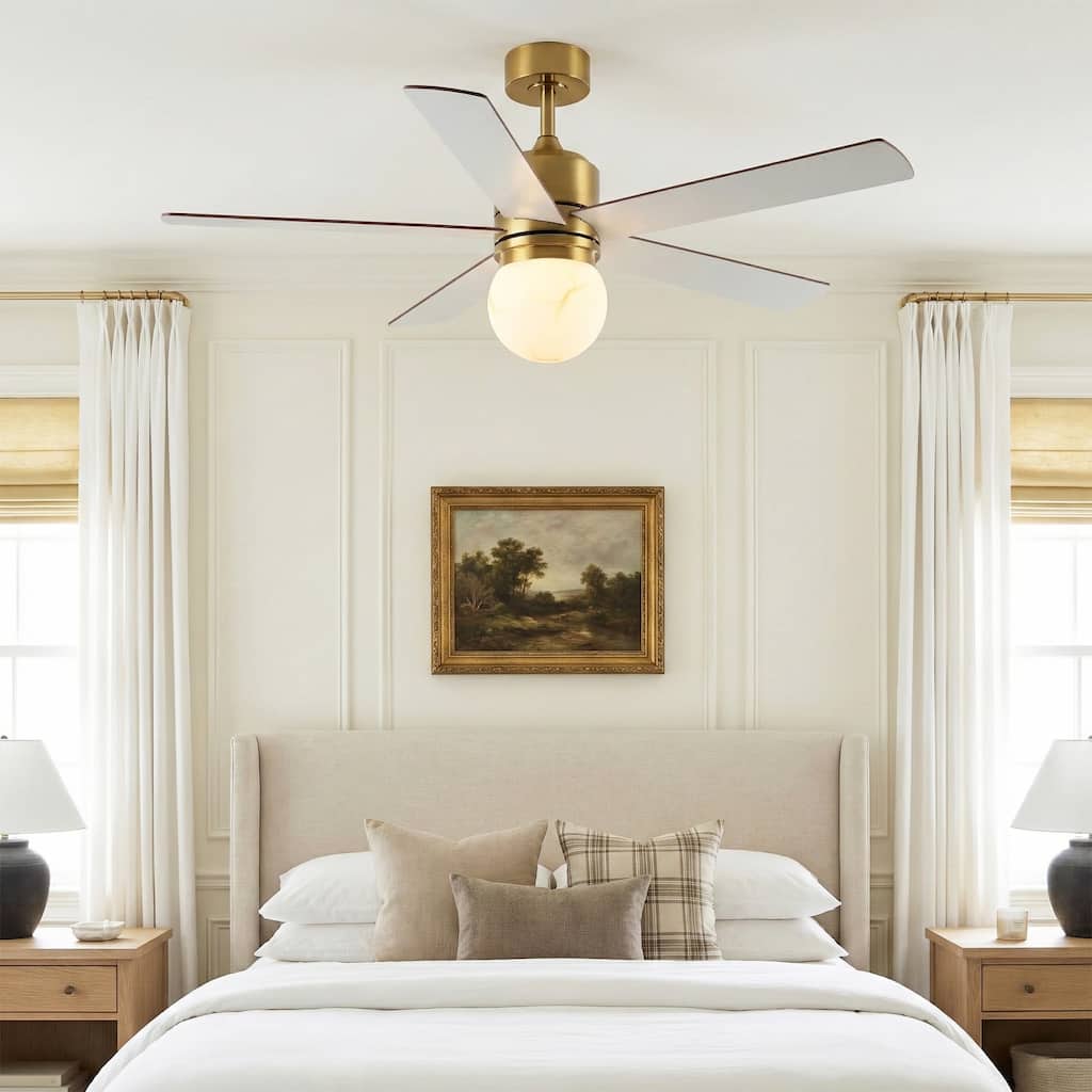 52" Modern Brushed Gold Bubble Glass Alabaster Reversible Ceiling Fan with Light and Remote