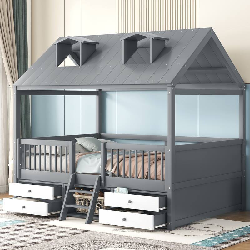 House Bed Wood Low Loft Bed House-shape Frame Bed with 2 Roof Skylights, Kids Storage Bed with 4 Drawers, Guardrail and Stairs