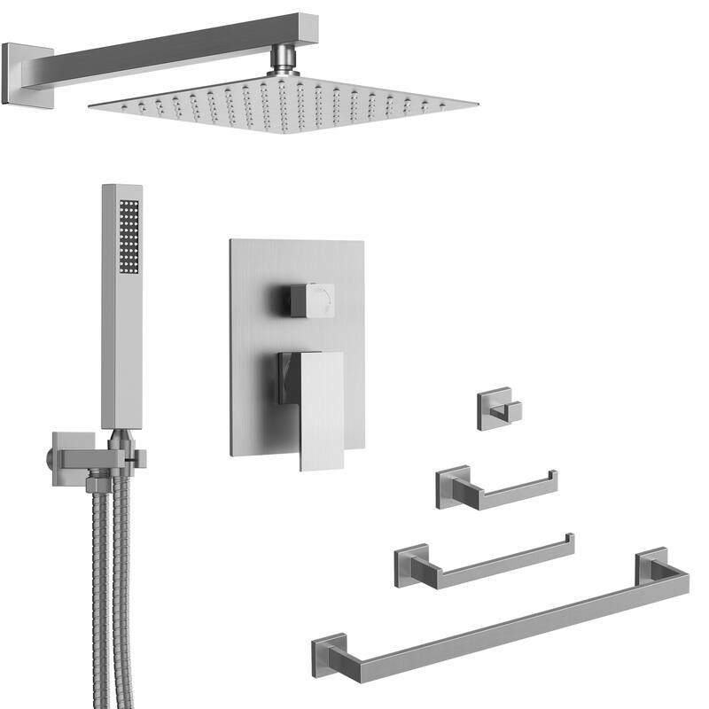 GRANDJOY 10" Rainfall Shower System with 4-Piece Bathroom Towel Bar Hardware Set Combo - Brushed Nickel