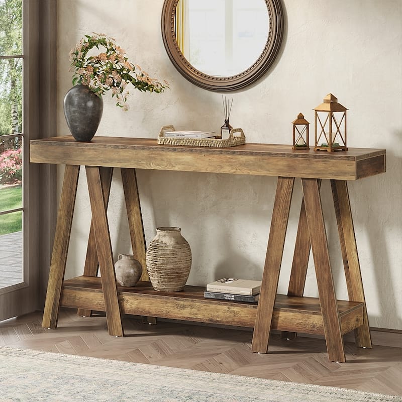 70.87-Inch Extra Long Console Table with Storage Shelf, 2-Tier Sofa Table - 70.87" L x 11.81" W x 35.43" H - Oak